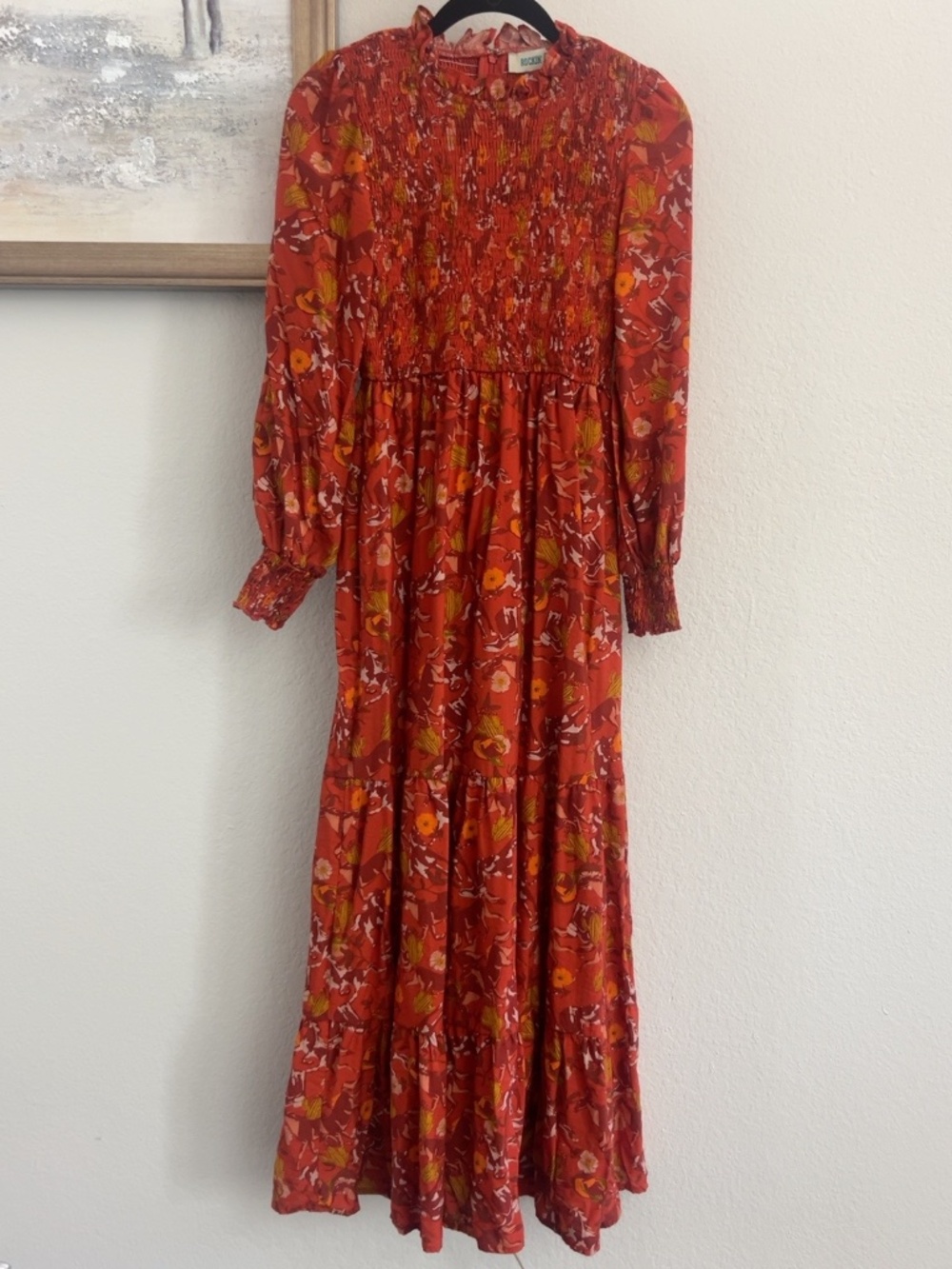 Rockin’ C Western Horse Cactus Floral Smocked Maxi Dress Size S